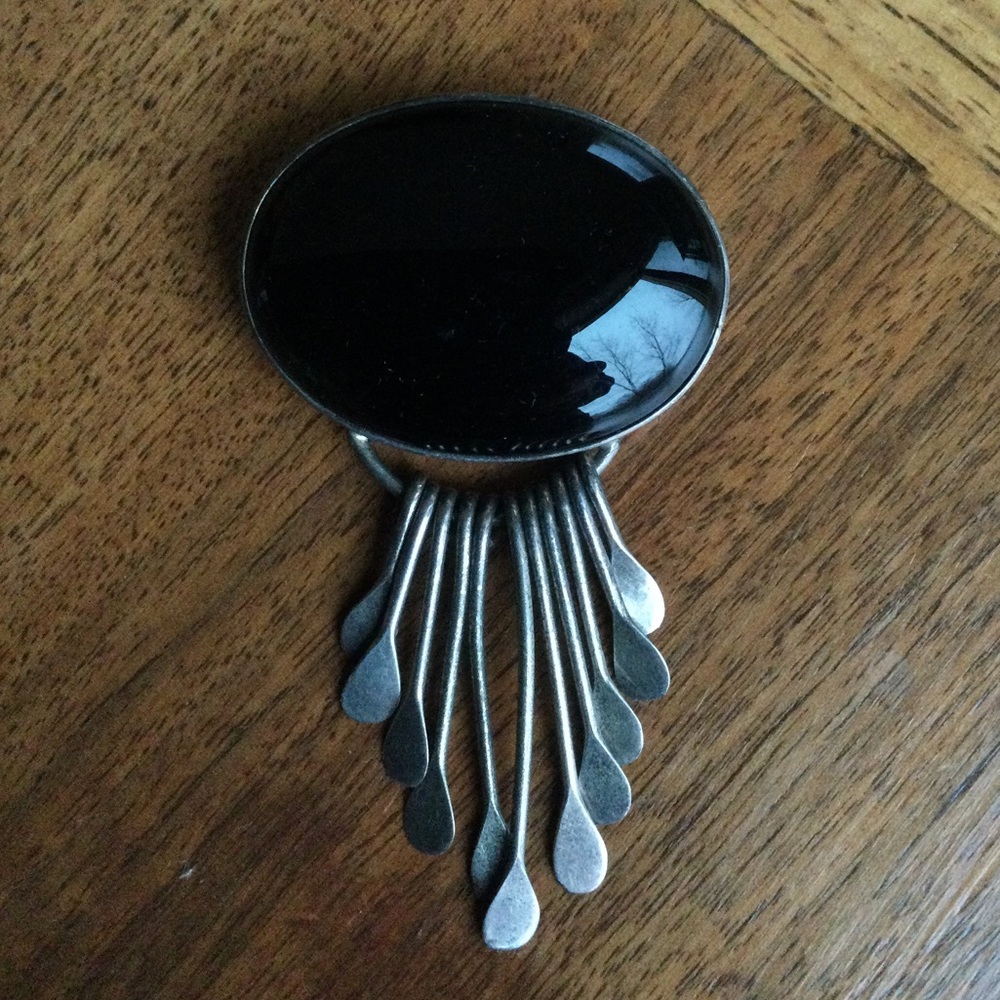 Sterling Silver Black Onyx oval cabochon Pin Brooch Pendant AIS Mexico dangles